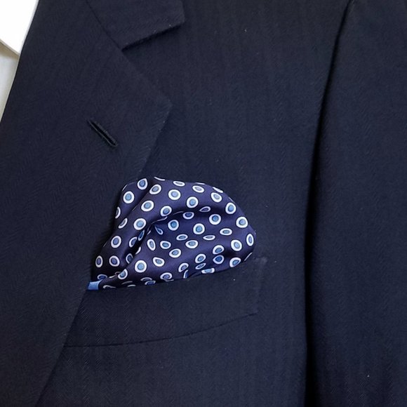 NEW - 100% Silk Pocket Square - Baby Blue & Navy Polka Dots - Picture 2 of 4